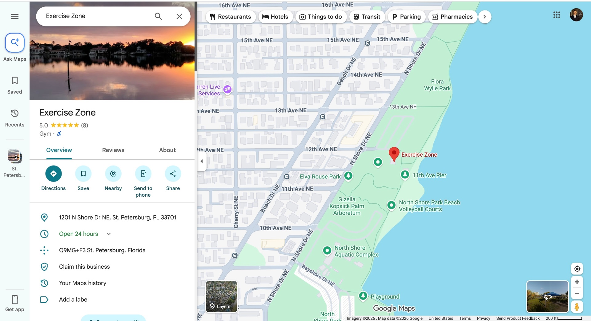 Map showing Exercise Zone at 1201 N Shore Dr NE, St. Petersburg, FL 33701