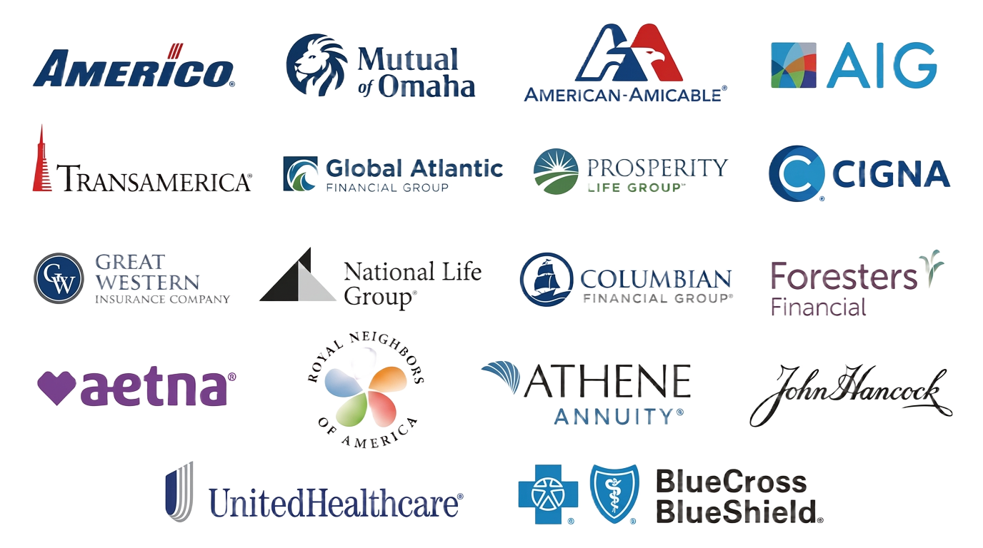 Industry's best insurance providers: Americo, Mutual of Omaha, American-Amicable, AIG, Transamerica, Global Atlantic, Prosperity Life, Cigna, Great Western, National Life Group, Columbian Financial, Foresters Financial, Aetna, Royal Neighbors of America, Athene Annuity, John Hancock, UnitedHealthcare, BlueCross BlueShield