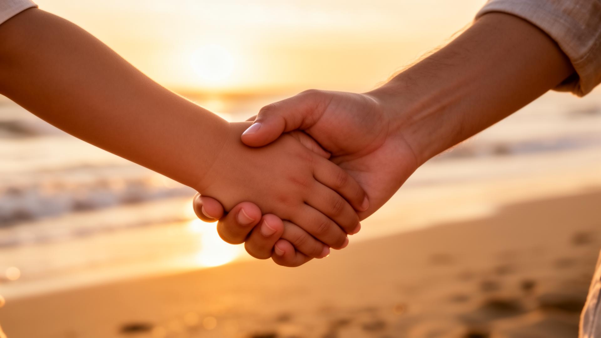 Parent and child holding hands at sunset